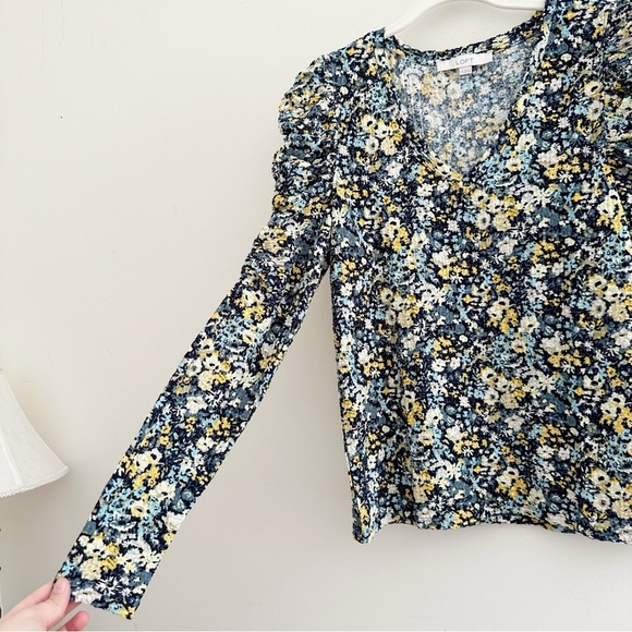 Ann Taylor LOFT Ditsy Floral Blue & Yellow Smocked Career Blouse Size Medium - Picture 4 of 9